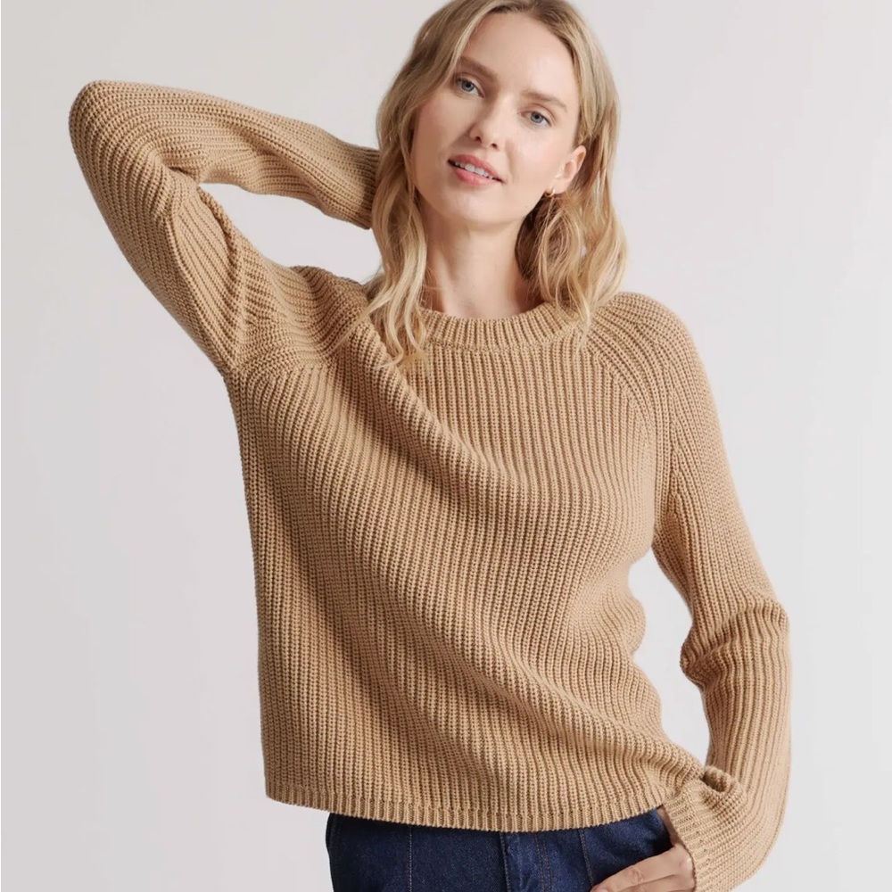 Quince Organic Cotton Fisherman Crew Sweater, size XL, Camel color